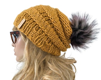 Adult Knit Beanie with Faux Fur Pom