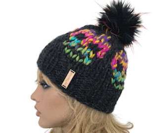 Adult Knit Hat with Faux Fur Pom Pom, Rainbow Skull Beanie, Knit Hat