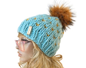 Hand Knit Fair Isle Beanie, Fair Isle Hat, Chunky Knit Hat with Faux Fur Pom