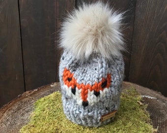 Fox Knit Beanie, Kid's Beanie, Toddler Knit Fox Hat, Chunky Beanie, Skullcap Beanie, Faux Fur Pom Pom, Cabin Beanie, Canadian Hat, Adult