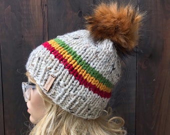 Chunky Knit Beanie, Rasta Beanie, Bob Marley Inspired Beanie, Winter Hat, Knit Hat, Faux Fur Detachable Pom, Adult Beanie, Free Shipping