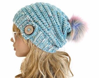 Adult Crochet Slouch Beanie with Wood Button & Faux Fur Pom Pom