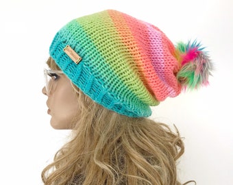 Adult Knit Rainbow Slouch Beanie with Faux Fur Pom Pom