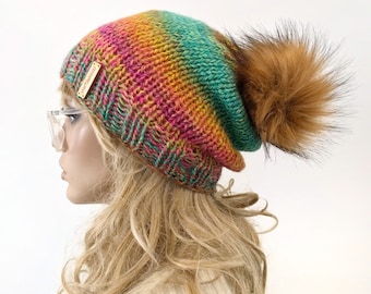 Adult Knit Rainbow Slouch Beanie with Faux Fur Pom Pom