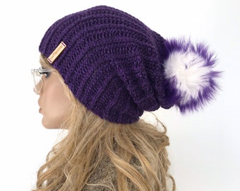 Adult Crochet Slouch Beanie with Faux Fur Pom Pom