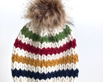 Toddler Knit Hudson's Bay Hat with Faux Fur Pom Pom