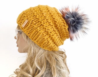 Adult Knit Slouch Beanie with Faux Fur Pom Pom