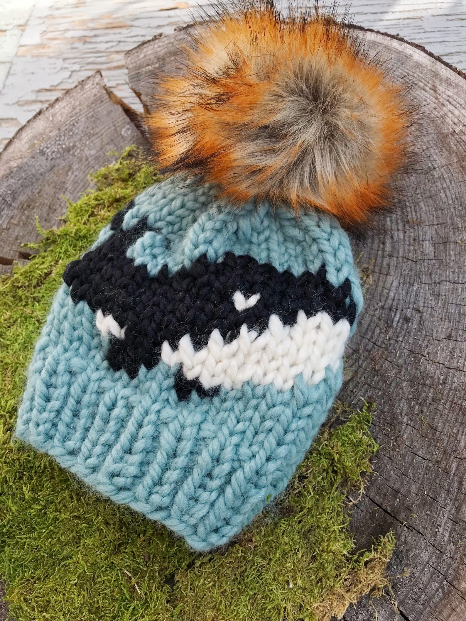 Knit Beanie Knit Killer Whale Hat Knit Hat Faux Fur Pom Etsy