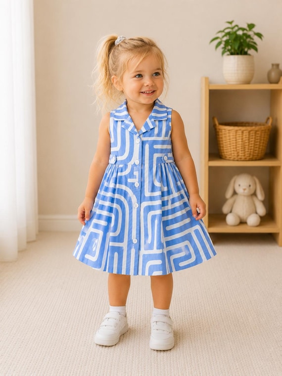 kids halter dress Toddler Girls Blue Sun Dress with Abstract White Pattern Cotton Button-Down Summer Clothes for Toddlers & WebColor_TRUEBLACK
