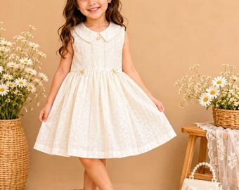 Ivory Toddler Dress with Peter Pan Collar | Elegant Baby Girl Dress | Boutique Flower Girl Dress | Vintage Style Kids Dress | 12M–5T