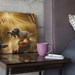 Yellow Lab Retrieving Mallard in the Marsh | Charming Dog Digital Art Print | Ideal for Home Decor & Dog Lovers | Instant Download