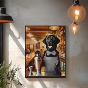 May include: A black Labrador Retriever wearing a grey apron and a bow tie stands behind a bar counter holding a cocktail shaker. The dog is looking at the camera with a friendly expression. The bar is dimly lit with warm lighting and there are bottles of alcohol on the shelves behind the dog.