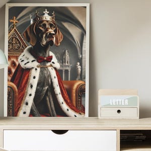 May include: A brown and black dog wearing a gold crown and a red and white robe sits on a throne. The dog is looking at the camera. The background is a dark, ornate room.