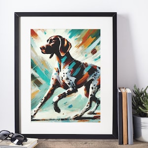 Pode incluir: Uma impressão artística emoldurada com uma pintura estilizada de um cão em movimento. O cão é castanho e branco com um padrão manchado, contra um fundo de pinceladas turquesa, laranja e branco. A obra de arte é exibida em uma moldura preta.