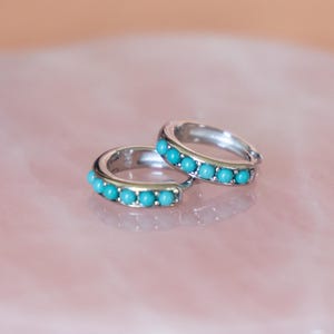 925 Sterling Silver Turquoise Hoops Earrings, Small Turquoise Huggie Earrings, Classy Hoops, Office Earrings, Gift for Her, Simple Earrings