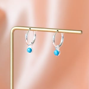925 Sterling Silver Turquoise Hoops Earrings, Small Turquoise Huggie Earrings, Classy Hoops, Office Earrings, Gift for Her, Simple Earrings