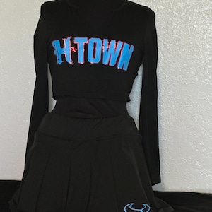 H-Town Skirt Outfit | Black Skirt and Long Sleeve Crop Top T-Shirt Set | Ladies Wear | Houston Pride | Womens | Cropped Tee | Gift for Her