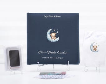 Personalized Baby Photo Album: Linen Memory Book, Bear on the Moon Print, 12x12