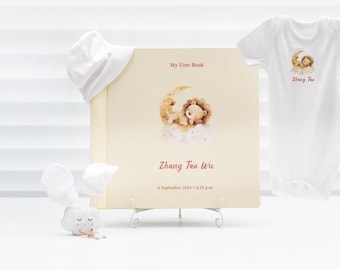 Lion on Moon Linen Baby Photo Album: Personalized Newborn Gift Set