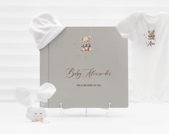 Personalized Linen Baby Photo Album. Handmade Bear Keepsake