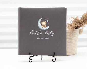 Photo Album Personalised Baby Memory Book – Bear Print, Linen Gift Album for 400+ Photos