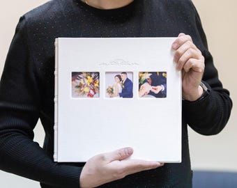 Eco Leather Wedding Photo Album: Embossed Keepsake with 3 Photo Windows