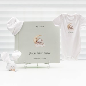 Photo Album Baby Memory Book with Elephant Design – Linen Cover + Newborn Gift Set with Custom Bodysuit, Hat & Mittens