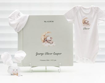 Elephant Baby Photo Album: Personalized Linen Memory Book & Newborn Gift Set