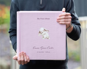 Personalized Linen Baby Photo Album: Bunny Design Keepsake Gift Set