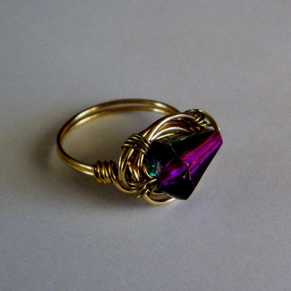 Deep Purple Green Magenta  Gold Ring Choose Size Gift Boxed