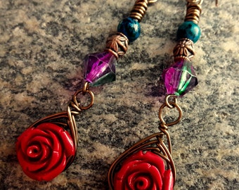 Red Roses, Blue Jasper, Herringbone, Earrings, Rose Earrings, Flower Earrings, Stone Jewelry, Jasper Earrings, Green Jewelry