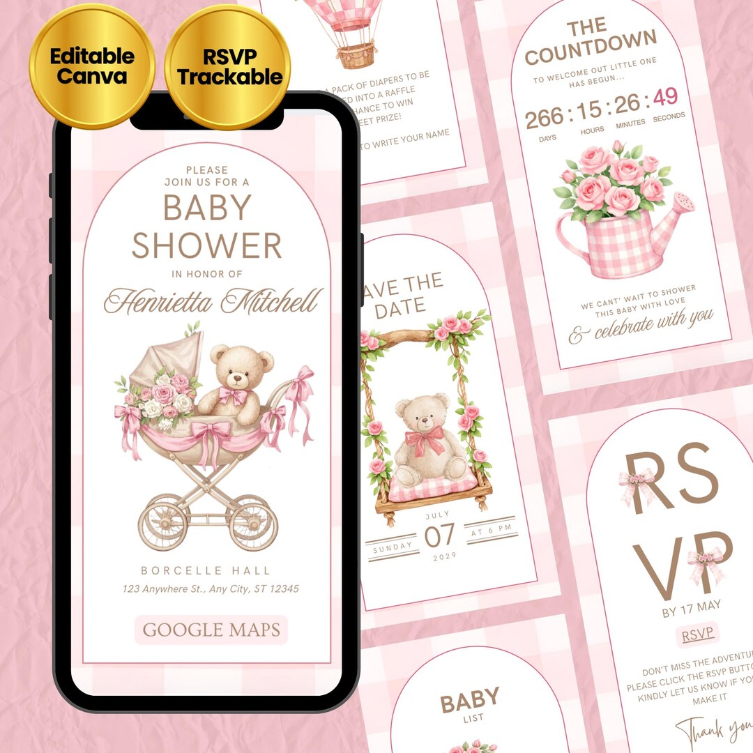 Pink Teddy Bear Baby Shower Invitation, Editable Canva Template ...