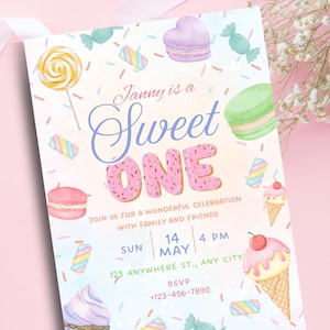 Editable Sweet One Birthday Invitation| 1st Birthday Girl Invitation| Pastel Candy Sweets Ice Cream Donut Cupcake Invite| One Year Sweet One