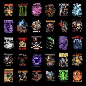 Puede incluir: Una colección de carteles de películas de terror, con títulos como "Zombie", "Viernes 13" y "Halloween". Cada cartel tiene un diseño único con colores vibrantes y texto, mostrando personajes y escenas icónicas. Los carteles están dispuestos sobre un fondo negro.