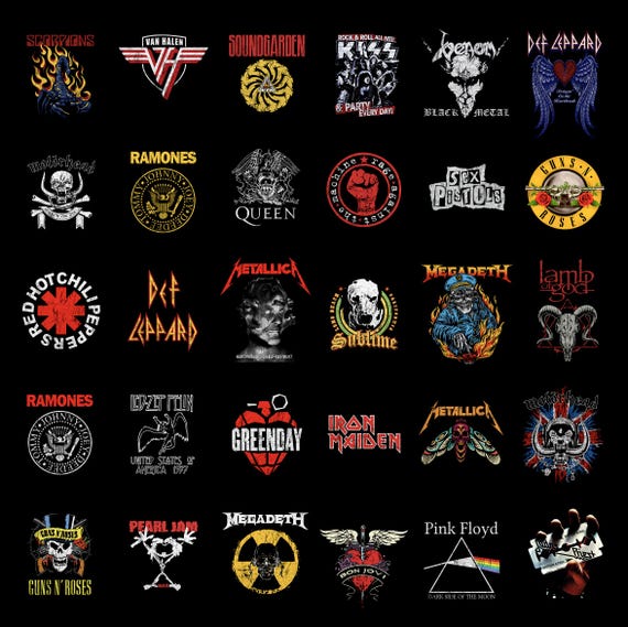 30 Vintage Rock Band logo T-shirt Designs PNG Digital Download