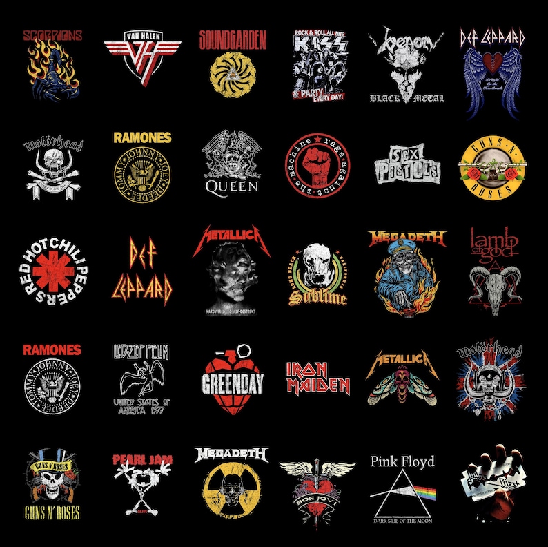 May include: A collection of rock band logos on a black background. Logos include bands like Van Halen, Metallica, and Pink Floyd. Each logo is a unique design, featuring text and graphics in various colors.