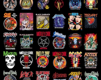 May include: A collage of 20 colorful round patches featuring various rock band logos, including KISS, Iron Maiden, Motley Crue, Judas Priest, AC/DC, and Slayer. The patches are on a black background.