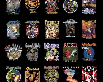 May include: A collage of 20 band logos, including Iron Maiden, Slayer, Megadeth, Van Halen, and Marillion. The logos are in a variety of colors and styles, and they are all set against a black background.