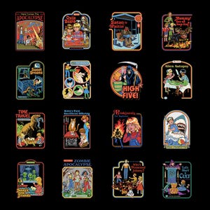 Könnte beinhalten: Eine Sammlung von 12 Illustrationen im Retro-Stil, die jeweils ein anderes gruseliges Thema darstellen. Die Bilder zeigen Kinder, Monster und unheimliche Szenarien mit Texten wie "Apokalypse" und "Ouija Board".