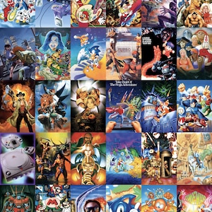 Puede incluir: Un collage de varias ilustraciones de portadas de videojuegos con personajes como Sonic the Hedgehog, Mario y Mega Man, junto a una consola Sega Dreamcast, todo dispuesto en un formato de cuadrícula con colores vibrantes y escenas dinámicas.