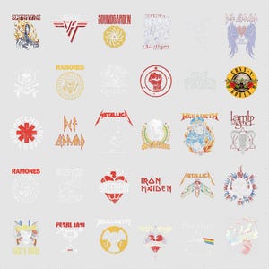 May include: A collection of various band logos, including Scorpions, Soundgarden, Metallica, and Guns N' Roses. The logos are in various colors and styles, with a distressed, vintage aesthetic. The image features a transparent background.