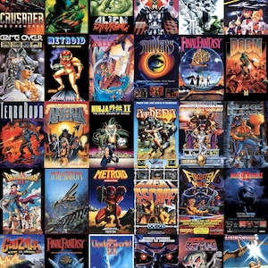 Puede incluir: Un collage de treinta portadas de cajas de videojuegos vintage que presentan varios títulos, incluidos Crusader, Metroid, The Legend of Zelda, Final Fantasy, Doom, Ninja Gaiden II, Mortal Kombat y Godzilla, dispuestos en una cuadrícula de seis filas y cinco columnas.