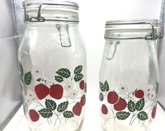 2 Carlton Glass Jar Canister 10 & 9 Bail Lid Strawberries 2 L 1.5 L USA