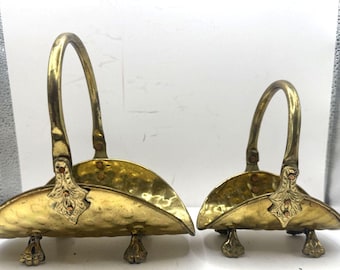 2 Vintage Solid Hammered Brass Mini Fireplace Log Basket Holder Handle Claw Feet