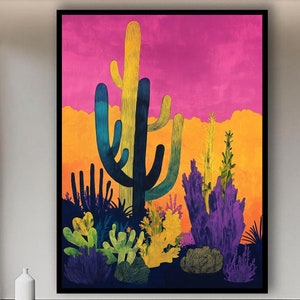 Abstract Cactus Wall Art, Colorful Desert Artwork, Housewarming Gift, Vibrant Southwestern Desert Artwork, Framed Canvas Art, Unique Gift