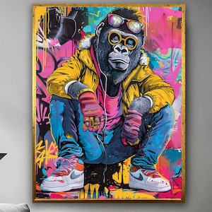 Punk Gorilla Wandkunst, Hipster Wandkunst, Tier Graffiti Druck, coole Kunst für Jugendliche, Urban Jungle Wandkunst, Punk Tier Poster, Comic Gorilla