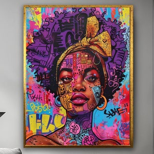 Afro Woman  Art, Abstract Afro Portrait Print, Unique Afrocentric Street Art, Afro Art Prints, Contemporary African Wall Art, Ethnic Woman