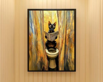 Funny Black Cat Toilet Print: Bathroom Wall Art