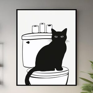 Bathroom Cat Print, Funny Bathroom Wall Decor, Toilet Poster, Black Cat Print, Bathroom Wall Art, Funny Cat Poster,Minimalist Cat Lover Gift