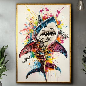 Graffiti Shark Canvas Art: Colorful Animal Wall Hanging